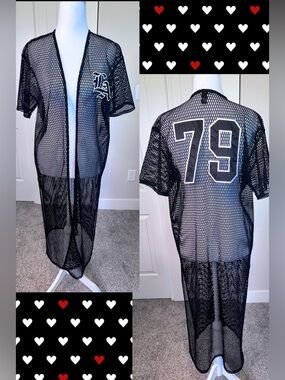 Black Mesh Longline Kimono Cover-Up with LA Logo and 79 Back Sz Medium